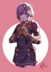  1girl benoit_picard bernadetta_von_varley brown_gloves collarbone cowboy_shot dress earrings fire_emblem fire_emblem:_three_houses flat_chest gloves grey_eyes highres jewelry looking_at_viewer purple_dress purple_hair short_dress short_hair smile solo 