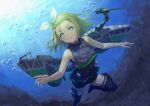  1girl :t air_bubble backlighting bare_arms bare_shoulders black_legwear black_swimsuit blonde_hair bubble closed_mouth commentary_request covered_navel crop_top day diving dutch_angle forehead green_eyes hair_ribbon hair_slicked_back hairband holster kantai_collection legs_apart looking_at_viewer luigi_torelli_(kancolle) machinery one-piece_swimsuit revision ribbon rigging short_hair sleeveless solo submerged sunlight swimsuit swimsuit_skirt tantaka tareme thigh-highs thigh_holster thigh_strap turret underwater v-shaped_eyebrows white_hairband white_ribbon 