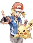  1girl blue_eyes brown_hair clenched_hand fingerless_gloves gloves hat looking_at_viewer open_mouth pikachu pointing pointing_at_viewer pokemon pokemon_(anime) pokemon_xy_(anime) rapi_(jksaiu) serena_(pokemon) short_hair simple_background smile white_background 