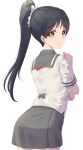  1girl absurdres alternate_costume black_hair bow brown_eyes closed_mouth collared_shirt cowboy_shot grey_bow grey_sailor_collar grey_skirt hair_bow hazuki_ren high_ponytail highres kobayashi_nyoromichi leaning_forward long_hair looking_at_viewer looking_back love_live! love_live!_sunshine!! love_live!_superstar!! miniskirt sailor_collar sailor_shirt school_uniform shiny shiny_hair shirt short_sleeves simple_background skirt smile solo standing striped striped_bow uranohoshi_school_uniform white_background white_bow white_shirt 