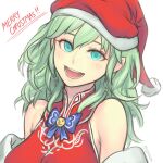 ! !! 1girl bare_shoulders blue_eyes bow bowtie breasts byleth_(fire_emblem) byleth_eisner_(female) commentary earrings english_commentary english_text fire_emblem fire_emblem:_three_houses gofelem green_hair hair_between_eyes hat highres jewelry looking_at_viewer merry_christmas open_mouth santa_hat simple_background solo teeth tongue upper_body white_background 