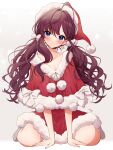  1girl absurdres dress fur-trimmed_dress fur_trim hands_on_ground hat highres ichinose_shiki idolmaster idolmaster_cinderella_girls kneeling neru5 purple_hair santa_costume santa_hat simple_background sitting solo twintails wariza wavy_hair white_background 