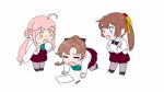  3girls absurdres akigumo_(kancolle) all_fours aqua_eyes brown_hair chibi crossed_arms double_bun dress glasses grey_legwear hair_ribbon halterneck highres kantai_collection kazagumo_(kancolle) long_hair long_sleeves makigumo_(kancolle) mole mole_under_eye multiple_girls necktie ojipon pantyhose pink_hair pleated_dress ponytail purple_dress ribbon school_swimsuit school_uniform shirt simple_background sleeves_past_fingers sleeves_past_wrists swimsuit twintails white_background white_shirt yellow_eyes 