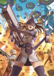  1girl 2boys belt breasts brown_hair earth_defense_force explosion firing gloves gun helmet holding large_breasts long_hair multiple_boys open_mouth pale_wing red_eyes rifle tantaka thigh-highs visor weapon 