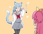  2girls :3 :d animal_ears black_legwear blue_eyes blue_hair blue_serafuku blue_shirt blue_skirt bow cardigan cat_ears cat_tail hair_bow halftone hinomori_shizuku jacket kemonomimi_mode long_hair long_sleeves mole mole_under_mouth momoi_airi multiple_girls neckerchief one_eye_closed orange_background pantyhose paw_pose paw_print pink_hair plaid plaid_skirt project_sekai red_neckerchief sailor_collar shachi_(kaisendon) shirt skirt smile tail two_side_up white_jacket white_sailor_collar yellow_bow 