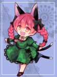  1girl animal_ears black_bow black_footwear bow bowtie braid cat_ears cat_tail chibi dress extra_ears fang floral_background floral_print frills green_dress kaenbyou_rin leg_ribbon multiple_tails open_mouth orange_eyes outstretched_arms pointy_ears purple_background red_eyes ribbon smile spread_arms tail touhou twin_braids two_tails yamamori_uniko 