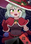  1girl :d absurdres alternate_costume bell capelet covered_navel green_eyes green_hair hat heart heart_of_string highres komeiji_koishi looking_at_viewer medium_hair nintendo_switch polyhedron2 santa_dress smile solo third_eye touhou upper_body 