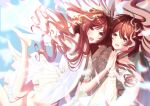  2girls akane_iroha angel_wings belt black_wings blouse blue_dress blurry_foreground brown_eyes brown_hair commentary_request dress feathers flower frilled_hairband frills hair_flower hair_ornament hair_ribbon hairband highres idolmaster idolmaster_shiny_colors long_hair long_sleeves looking_at_viewer multiple_girls neck_ribbon oosaki_amana oosaki_tenka pink_shorts ribbon sailor_collar shorts siblings twins white_blouse white_wings wings 