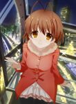  1girl antenna_hair artist_request black_legwear brown_eyes brown_hair clannad coat commentary_request fur-trimmed_coat fur_trim furukawa_nagisa highres looking_at_viewer pantyhose red_coat short_hair sitting skirt solo vehicle_interior white_skirt window 