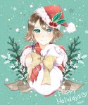  1girl akzk_kh alternate_costume blue_eyes brown_hair christmas closed_mouth final_fantasy final_fantasy_x final_fantasy_x-2 green_eyes happy_holidays hat heterochromia highres looking_at_viewer santa_hat short_hair smile solo yuna_(ff10) 