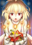  1girl absurdres arcueid_brunestud bangs blonde_hair blush breasts cake candle food fruit harukey highres jewelry large_breasts long_sleeves necklace open_mouth red_eyes short_hair solo sweater tsukihime turtleneck turtleneck_sweater white_sweater 