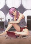  1girl barefoot blush breasts camisole commentary_request computer eyebrows_visible_through_hair headphones highres indoors laptop long_hair looking_at_viewer micro_shorts moon original panties parted_lips pink_hair shorts sitting solo speaker strap_slip tantaka thighs underwear 