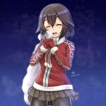  1girl artist_name black_hair black_legwear black_skirt christmas closed_eyes cowboy_shot dated gloves hair_between_eyes hayasui_(kancolle) highres holding holding_sack kantai_collection long_sleeves open_mouth pantyhose pleated_skirt pom_pom_(clothes) red_gloves round_teeth sack santa_costume short_hair signature skirt smile solo teeth tk8d32 upper_teeth 