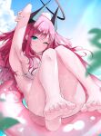  1girl absurdres armpits arms_up barefoot bikini blue_eyes blush breasts clouds day demon_girl demon_horns halo highres horns large_breasts leaf long_hair looking_at_viewer one_eye_closed original pink_hair sky smile soles solo swimsuit toes w_(w64851564) water wet 