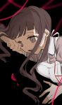  1girl :d apron bandages bangs black_background blurry blurry_background breasts brown_hair collared_shirt danganronpa_(series) danganronpa_2:_goodbye_despair highres large_breasts long_hair open_mouth pink_eyes puffy_short_sleeves puffy_sleeves red_background shindyushiyou shirt short_sleeves smile solo tearing_up teeth tsumiki_mikan upper_body upper_teeth white_apron 