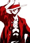  1boy closed_mouth hand_on_headwear harymachinegun hat monkey_d._luffy one_piece partially_colored scar scar_on_cheek scar_on_chest scar_on_face short_hair simple_background split_mouth standing straw_hat white_background 