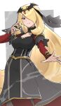  1girl black_dress blonde_hair breasts closed_mouth cynthia_(pokemon) dress gonzarez hair_over_one_eye highres holding holding_poke_ball long_hair long_sleeves looking_at_viewer medium_breasts official_alternate_costume poke_ball pokemon pokemon_(game) pokemon_masters_ex solo tiara ultra_ball veil very_long_hair 