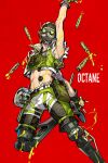  1boy abs apex_legends arm_up black_gloves black_headwear bullet bulletproof_vest commentary_request cropped_vest gas_mask gloves goggles green_vest highres holding holding_syringe ink jumping male_focus mask mechanical_legs midriff mika_pikazo mouth_mask octane_(apex_legends) official_art red_background shorts simple_background solo syringe vest white_shorts 