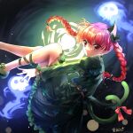  1girl absurdres animal_ears artist_name black_bow black_footwear bow braid cat_ears cat_tail dark_background dress extra_ears fetal_position ghost green_dress highres hitodama kaenbyou_rin leg_ribbon legs mary_janes mikan_(user_zsyg8485) multiple_tails pointy_ears puffy_sleeves red_eyes redhead ribbon shiny shiny_hair shoes skull slit_pupils solo tail tail_bow tail_ornament touhou twin_braids two_tails 