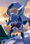  ;d bbibebe blue_eyes blurry capelet clouds commentary_request glaceon highres looking_down no_humans one_eye_closed open_mouth outdoors pokemon pokemon_(creature) sky smile solo tongue 