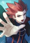  1boy blue_jacket cape commentary_request green_cape grey_eyes highres jacket keytaro1125 lance_(pokemon) looking_at_viewer lower_teeth male_focus open_mouth outstretched_hand pokemon pokemon_(game) pokemon_hgss redhead short_hair solo spiky_hair spread_fingers teeth tongue 
