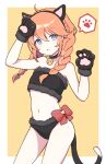  1girl ahoge animal_ears animal_hands bandeau bangs bare_arms bare_shoulders bell black_panties border bow braid cat_ears cat_paws cat_tail collar commentary_request cowboy_shot dot_nose fake_animal_ears fake_tail flat_chest hairband highres long_hair looking_at_viewer midriff navel neck_bell onigiri_noe orange_hair outside_border panties parted_lips princess_connect! red_bow solo spoken_paw tail twin_braids underwear violet_eyes white_border yuni_(princess_connect!) 