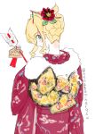  alternate_costume arrow_(projectile) blonde_hair blush eyebrows_visible_through_hair from_behind fur_trim hair_behind_ear hair_bun ilfriede_von_feulner japanese_clothes kimono looking_at_viewer looking_back muvluv muvluv_alternative nanabankarasu obi sash sketch the_euro_front twitter_username upper_body white_background yukata 