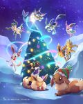  :o brown_eyes christmas christmas_tree closed_eyes closed_mouth commentary eevee electricity espeon flareon glaceon happy hatted_pokemon highres jolteon kelvin-trainerk leafeon light lying mouth_hold night no_humans on_stomach outdoors pokemon pokemon_(creature) sky smile sylveon twitter_username umbreon vaporeon 