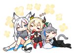  3girls :3 ;) =_= animal_ears bangs bare_shoulders black_jacket black_legwear black_vest blonde_hair blue_eyes blue_hair blue_necktie blush blush_stickers boots breasts brown_footwear brown_shirt capelet cat_ears cat_girl cat_tail chibi closed_eyes closed_mouth collared_shirt commentary_request copyright_request crop_top drooling eyebrows_visible_through_hair fang floral_background fur-trimmed_capelet fur-trimmed_skirt fur_trim grey_hair grey_shirt grey_sweater horns jacket knee_up knees_up kutata large_breasts mouth_drool multicolored_hair multiple_girls necktie one_eye_closed open_mouth pantyhose red_capelet red_footwear redhead shirt skirt sleeping sleeveless sleeveless_sweater smile socks streaked_hair sweater tail thigh-highs thighhighs_under_boots vest virtual_youtuber white_background white_legwear zouri zzz 