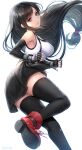  1girl absurdres artist_name ass bangs bare_shoulders black_gloves black_hair black_legwear black_skirt boots breasts clenched_hand commentary crop_top elbow_gloves eyebrows_visible_through_hair final_fantasy final_fantasy_vii final_fantasy_vii_remake fingerless_gloves gloves highres kudo_kunugi leg_up lips long_hair low-tied_long_hair medium_breasts miniskirt red_eyes revision shiny shiny_hair signature simple_background skirt sleeveless smile solo suspender_skirt suspenders thigh-highs tifa_lockhart white_background zettai_ryouiki 