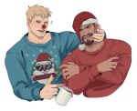  2boys beard blonde_hair blue_sweater christmas christmas_sweater closed_eyes crossed_arms cup dark-skinned_male dark_skin facial_hair hand_on_another&#039;s_face hat highres holding holding_cup looking_at_another male_focus multiple_boys mustache nez open_mouth overwatch reaper_(overwatch) red_sweater santa_hat scar scar_on_cheek scar_on_face short_hair sideburns simple_background smile soldier:_76_(overwatch) sweater very_short_hair 