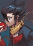  1boy bangs black_hair black_jacket blue_eyes commentary_request floating_scarf grimsley_(pokemon) hand_up highres holding holding_poke_ball jacket keytaro1125 male_focus poke_ball poke_ball_(basic) pokemon pokemon_(game) pokemon_bw scarf shiny shiny_hair shirt short_hair smile solo spiky_hair upper_body white_shirt yellow_scarf 