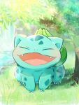  bulbasaur claws closed_eyes commentary_request day ears facing_viewer fangs full_body grass happy head_wreath highres ibaraki_natou leaf light_rays nature no_humans nostrils open_mouth pokemon pokemon_(creature) solo tongue tree twig 