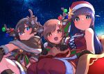  3girls :d absurdres aijou_karen animal_ear_fluff animal_ears antlers bangs bare_shoulders bauble bell black_gloves black_hair black_legwear blue_eyes blunt_bangs blush bow bowtie breasts bright_pupils brown_capelet brown_eyes brown_gloves brown_hair brown_shirt capelet christmas christmas_ornaments closed_mouth commentary crop_top cross-laced_clothes crossed_bangs deer_ears eyebrows_visible_through_hair from_below fur-trimmed_capelet fur-trimmed_gloves fur-trimmed_headwear fur-trimmed_legwear fur-trimmed_shirt fur_trim gloves goe_(g-o-e) green_ribbon hair_between_eyes hands_up hat hat_ornament hat_ribbon highres kagura_hikari kneehighs long_hair looking_at_viewer looking_down medium_breasts midriff miniskirt multicolored_ribbon multiple_girls navel night official_alternate_costume open_mouth outdoors outstretched_arm pleated_skirt purple_hair red_bow red_bowtie red_headwear red_legwear red_ribbon red_shirt red_skirt reindeer_antlers ribbon santa_hat shiny shiny_hair shirt short_hair shoujo_kageki_revue_starlight shoujo_kageki_revue_starlight_-re_live- single_stripe sitting skirt sled sleeveless sleeveless_shirt smile star_(sky) star_(symbol) star_hat_ornament striped striped_ribbon striped_skirt swept_bangs thigh-highs tsuyuzaki_mahiru two_side_up violet_eyes yellow_ribbon 