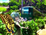  1girl antennae aqua_hair brown_eyes butterfly_wings day dress enoshima_electric_railway eternity_larva fairy flower green_dress ground_vehicle hair_between_eyes leaf leaf_on_head multicolored_clothes multicolored_dress open_mouth pink_flower pointing purple_flower short_hair smile solo touhou train wings yoppe_(natsunohobby) 