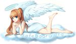 1girl angel angel_wings artist_request bare_legs barefoot blue_eyes breasts brown_hair cleavage cloud dress full_body halo interlocked_fingers leg_up long_hair lying lying_on_cloud mascot official_art on_cloud on_stomach own_hands_clasped own_hands_together safebooru safebooru-tan simple_background smile solo thighs toes transparent_background watermark web_address white_dress wings