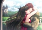 1boy 1girl arms_around_neck arms_around_waist bangs black_bow blurry blurry_background bow breasts brown_hair brown_sweater chain choker closed_eyes couple crying day dress emiya_shirou eyebrows_visible_through_hair fate/stay_night fate_(series) floating_hair from_side gloves hair_between_eyes hair_bow hetero imminent_kiss jewelry long_hair long_sleeves medium_breasts migiha necklace outdoors red_choker red_dress red_gloves redhead short_hair sideboob sleeveless sleeveless_dress spiky_hair sweater tears tohsaka_rin upper_body very_long_hair 