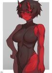  1girl bare_arms bare_shoulders black_dress black_hair blush border breasts closed_mouth colored_skin covered_navel cowboy_shot dress grey_background half-closed_eyes hand_on_hip horns kidouko_(zakusi) looking_at_viewer medium_breasts oni oni_horns orange_eyes original red_oni red_skin short_eyebrows short_hair side_slit signature simple_background slit_pupils solo thick_eyebrows white_border zakusi 