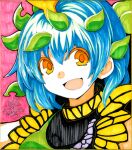  1girl antennae aqua_hair artist_name blush butterfly_wings dress eternity_larva eyebrows_visible_through_hair fairy green_dress hair_between_eyes leaf leaf_on_head multicolored_clothes multicolored_dress open_mouth orange_eyes portrait shikishi short_hair short_sleeves signature single_strap smile solo touhou umigarasu_(kitsune1963) wings 