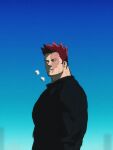  1boy beard black_sweater boku_no_hero_academia casual endeavor_(boku_no_hero_academia) expressionless facial_hair large_pectorals looking_at_viewer male_focus mature_male muscular muscular_male official_alternate_costume pectorals short_hair sideburns sky solo spiky_hair stubble sweater u2suke 