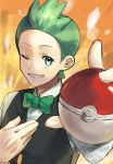  1boy black_vest bow bowtie buttons cilan_(pokemon) green_bow green_bowtie green_eyes green_hair highres holding holding_poke_ball keytaro1125 looking_at_viewer male_focus one_eye_closed orange_background poke_ball poke_ball_(basic) pokemon pokemon_(game) pokemon_bw shirt short_hair smile solo upper_body vest white_shirt 