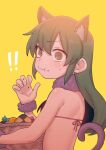  ! !! 1girl animal_ear_fluff animal_ears bangs bare_back bare_shoulders basket bikini cat_ears cat_tail checkerboard_cookie chewing closed_mouth commentary_request cookie extra_ears eyebrows_visible_through_hair food food_on_face food_on_hand fur_collar green_eyes green_hair highres holding holding_basket igarashi_futaba_(shiromanta) long_hair looking_to_the_side purple_fur purple_tail red_bikini scrunchie senpai_ga_uzai_kouhai_no_hanashi shiromanta solo surprised sweatdrop swimsuit tail upper_body wrist_scrunchie yellow_background 