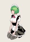  1girl alternate_costume apron bangs blunt_bangs bob_cut bow bowtie collared_shirt frills from_side green_hair grey_legwear hands_on_own_knees highres kneeling looking_ahead maid maid_apron maid_headdress original peco_(pockleberry) pink_eyes shirt short_hair smile solo thigh-highs 