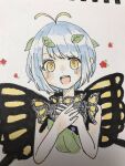  1girl antennae aqua_hair blush butterfly_wings dress eternity_larva fairy green_dress highres leaf leaf_on_head looking_at_viewer multicolored_clothes multicolored_dress open_mouth photo_(medium) short_hair short_sleeves single_strap smile solo suzushiro_(daikon793) teeth touhou traditional_media upper_body upper_teeth wings yellow_eyes 