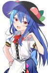  1girl back_bow bangs black_headwear blue_bow blue_hair blue_skirt blush bow bowtie breasts buttons collar collared_shirt duplicate e.o. eyebrows_visible_through_hair food fruit hair_between_eyes hand_on_hip hand_up hat highres hinanawi_tenshi leaf long_hair looking_at_viewer medium_breasts multicolored_eyes open_mouth peach pixel-perfect_duplicate puffy_short_sleeves puffy_sleeves red_bow red_bowtie red_eyes shirt short_hair short_sleeves simple_background skirt smile solo standing tongue touhou white_background white_shirt yellow_eyes 