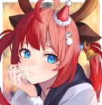  1girl absurdres animal_ears antlers bangs bell benjamin4679 blue_eyes blush christmas cowlick deer_ears hand_on_own_face hat highres looking_away open_mouth original portrait redhead santa_hat solo twintails 