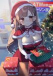  1girl bangs blush box breasts brown_eyes brown_hair capelet christmas christmas_tree closed_mouth commentary_request dress fur_trim gloves hat highres holding holding_box kodama_(sakura_yuki) large_breasts long_hair looking_at_viewer original pom_pom_(clothes) red_capelet red_dress sakura_yuki_(clochette) santa_costume santa_hat solo standing table white_gloves 