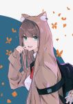  1girl absurdres animal_ears backpack bag bangs blue_eyes blush brown_hair cat_ears chitake collared_shirt fake_animal_ears from_side highres hood hoodie long_hair looking_at_viewer open_mouth original shirt simple_background smile solo upper_body 