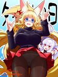  2girls :d amino_dopple animal_ears bell black_sweater blue_eyes blush breasts brown_legwear cowboy_shot double_fox_shadow_puppet fang fox_ears fox_shadow_puppet fox_tail hair_bell hair_intakes hair_ornament hands_up honami_mikura_(amino_dopple) jingle_bell large_breasts long_hair long_sleeves looking_at_viewer miniskirt multiple_girls open_mouth original panties pantyhose pantyshot pleated_skirt purple_hair red_eyes red_skirt signature skin_fang skirt smile standing sweater tail underwear very_long_hair white_panties wide-eyed wind wind_lift 