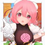  1girl absurdres bandaged_arm bandages breasts bun_cover carnation cherry_blossoms double_bun eyebrows_behind_hair flower gbcolor_(naza) gold_trim hand_on_hip highres ibaraki_kasen large_breasts looking_at_viewer open_mouth pink_eyes pink_flower pink_hair reaching_out short_hair solo sweat touhou upper_body 